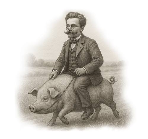 Władysław Reymont jadący na świni