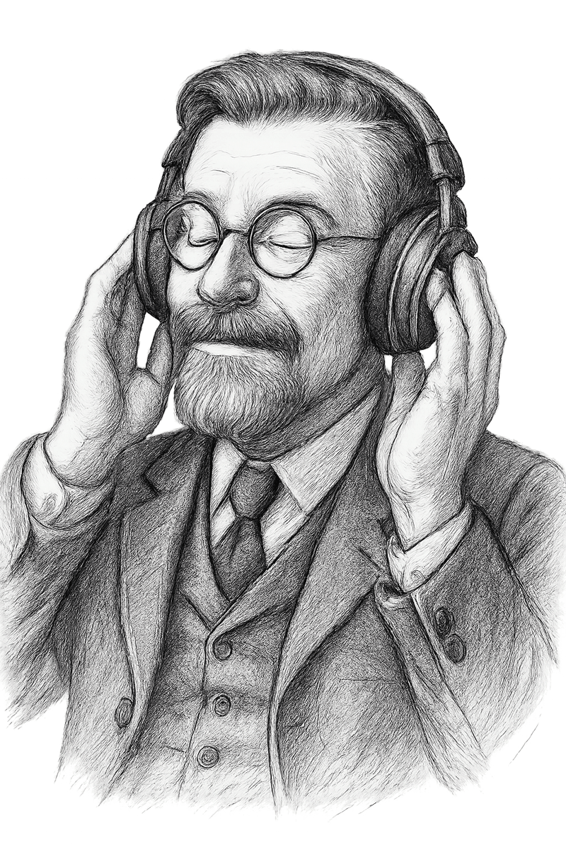 Władysław Reymont słuchający podcastu lub muzyki