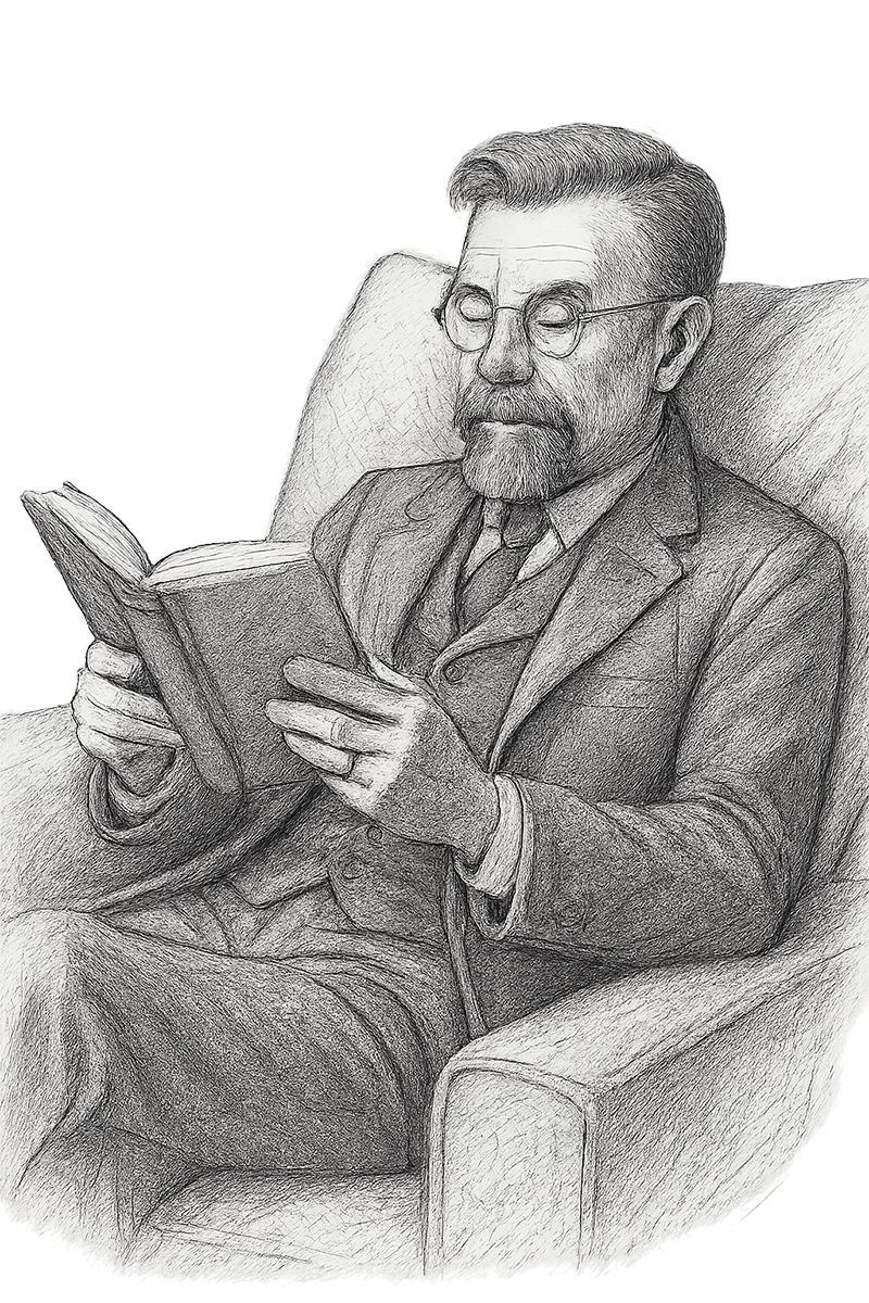 Władysław Reymont siedzący w fotelu i czytający książkę