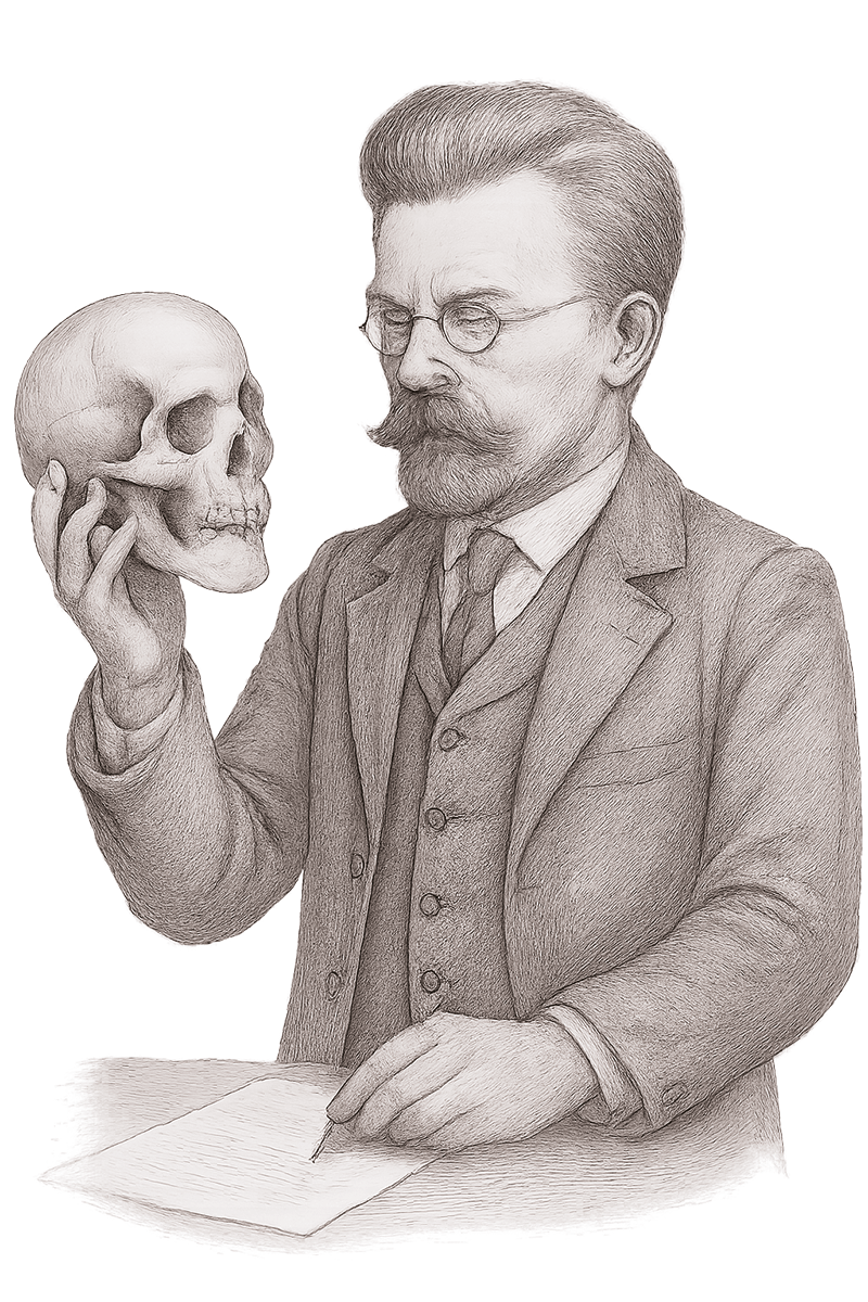 Władysław Reymont trzymający czaszkę i opisujący ją